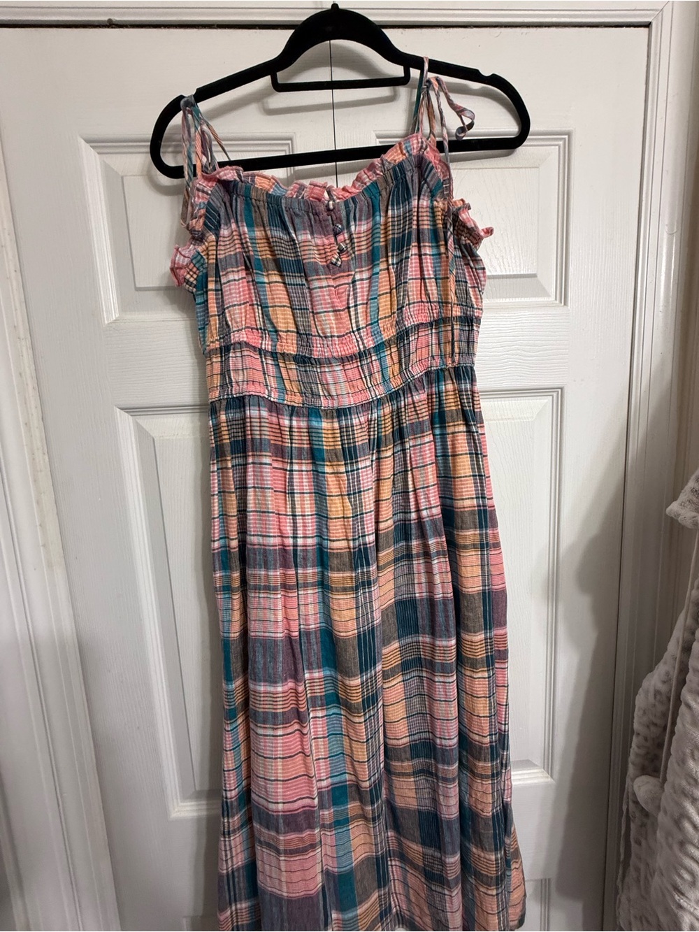 Vineyard Vines Pink & Teal Plaid Smocked Maxi Dress